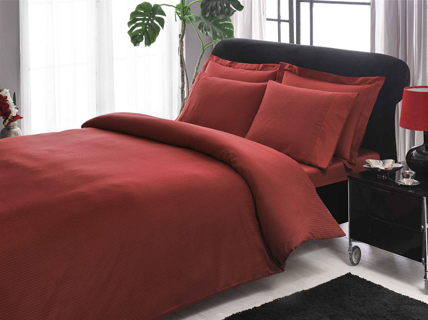 Taç Stripe Premium Basic King Size Nevresim Takımı Kırmızı