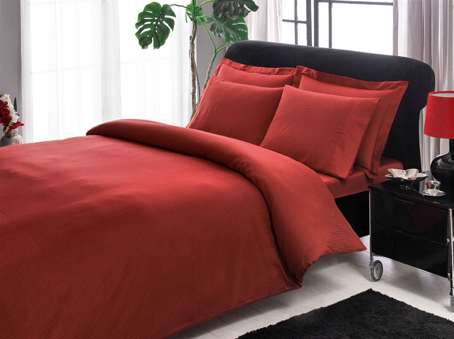 Taç Stripe Premium Basic Çift Kişilik Nevresim Takımı Kırmızı