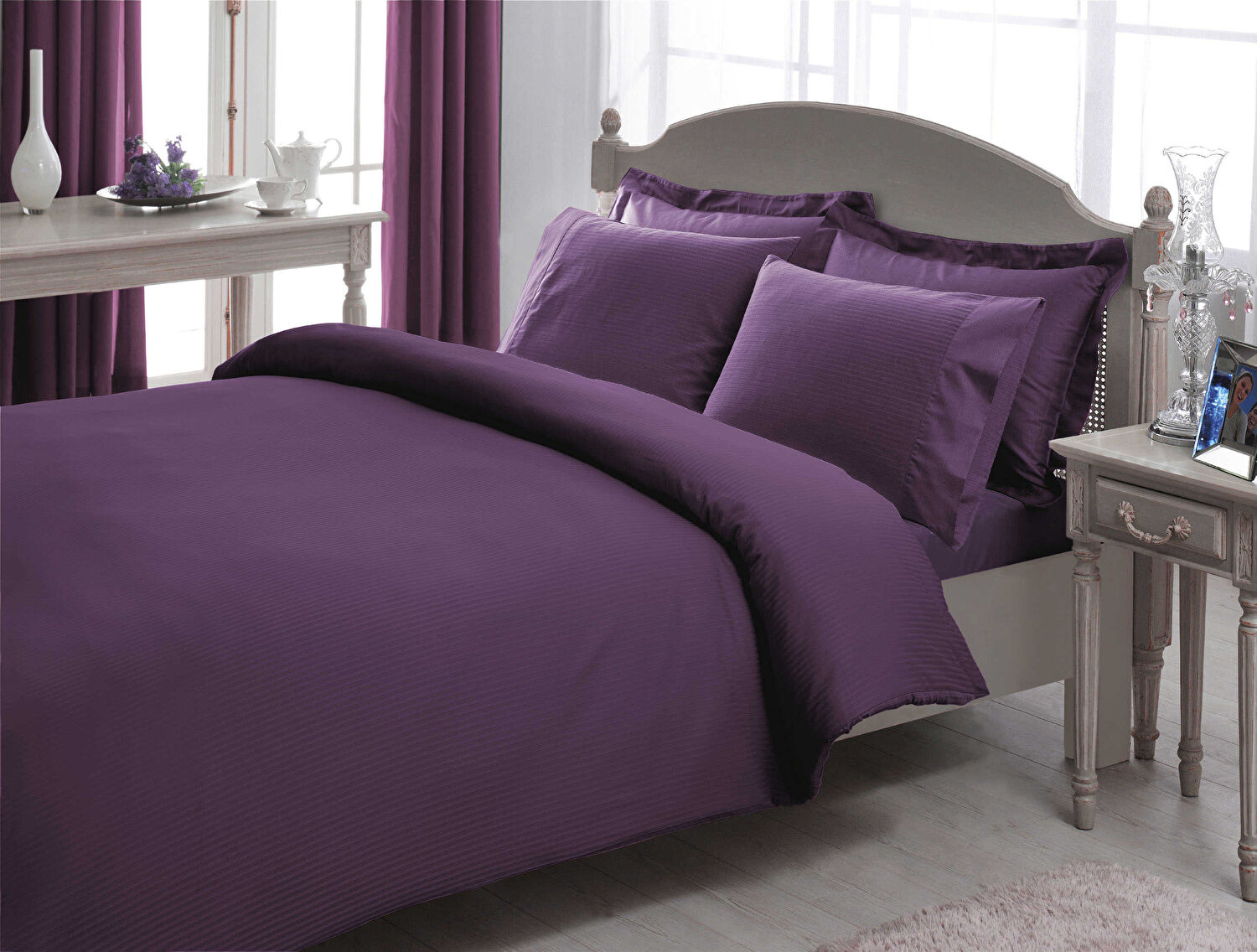 Taç Stripe Premium Basic King Size Nevresim Takımı Mürdüm