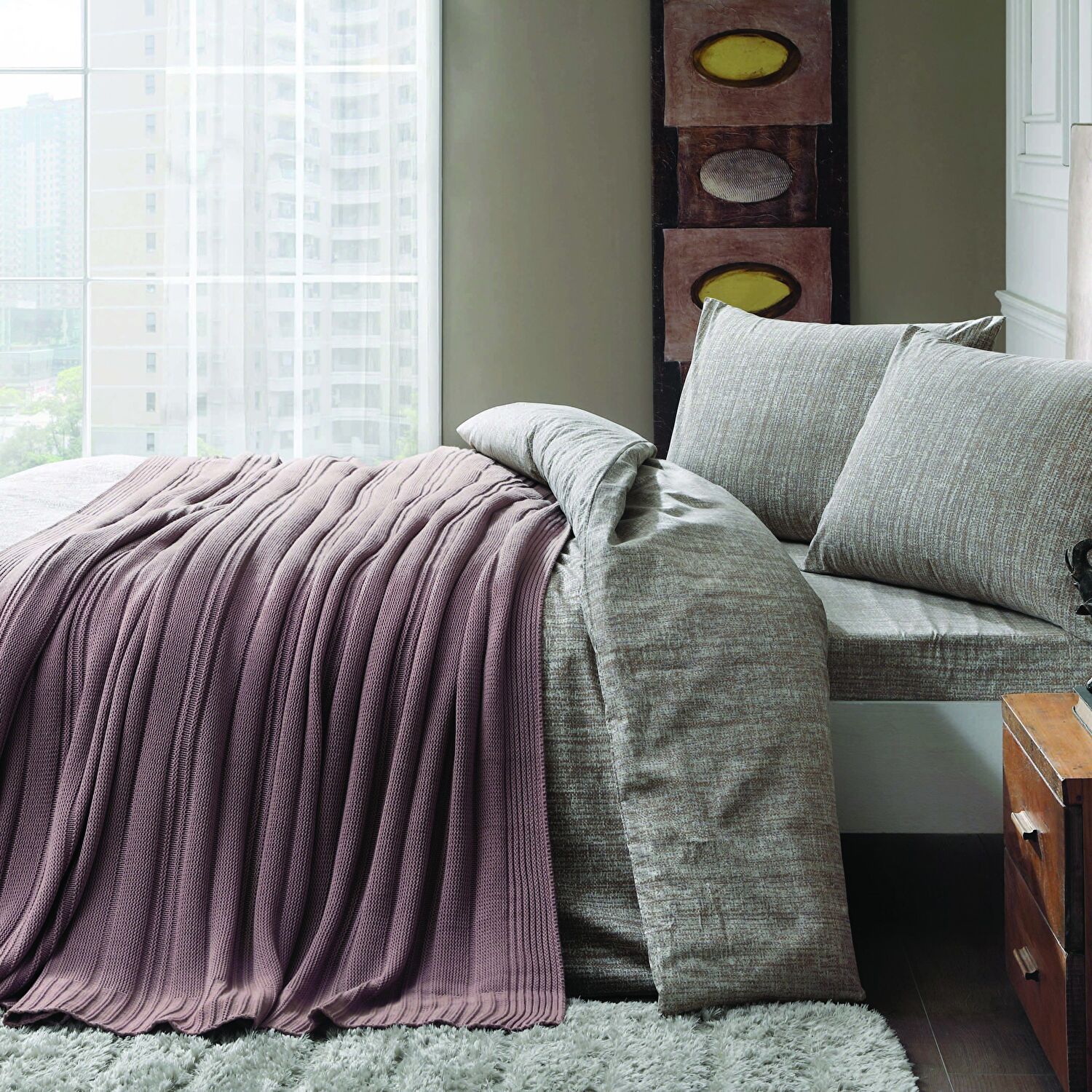 Taç Çift Kişilik Triko Battaniyeli Nevresim Seti Kahverengi