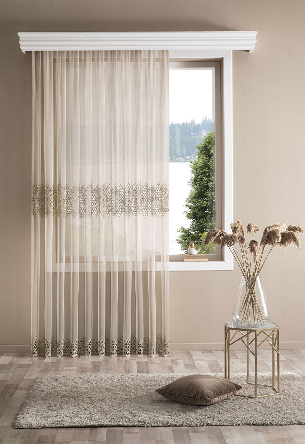 Taç Pellamı Brode Tül Perde Bej ( Max Yükseklik : 270 cm )