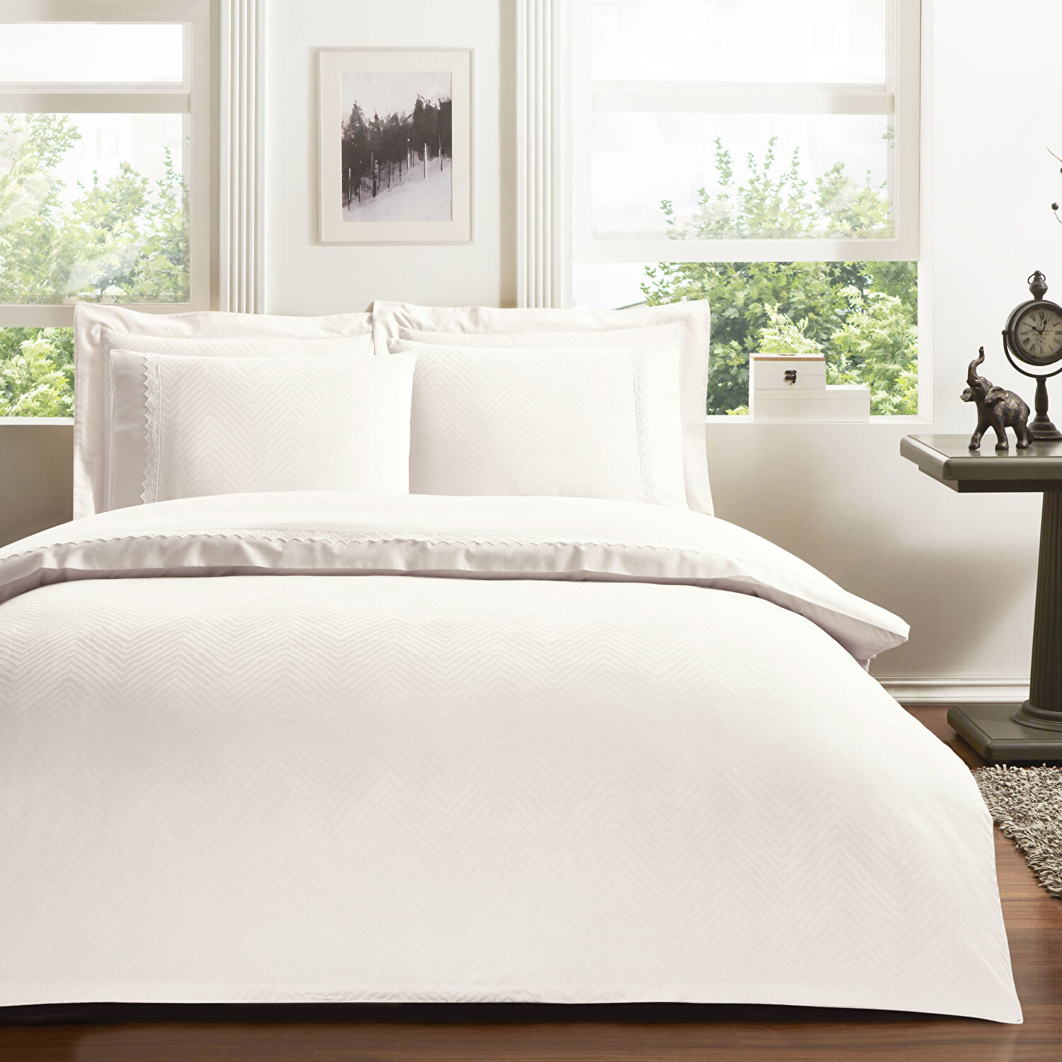 Taç Sambre Jakar Çift Kişilik Nevresim Takımı Ekru