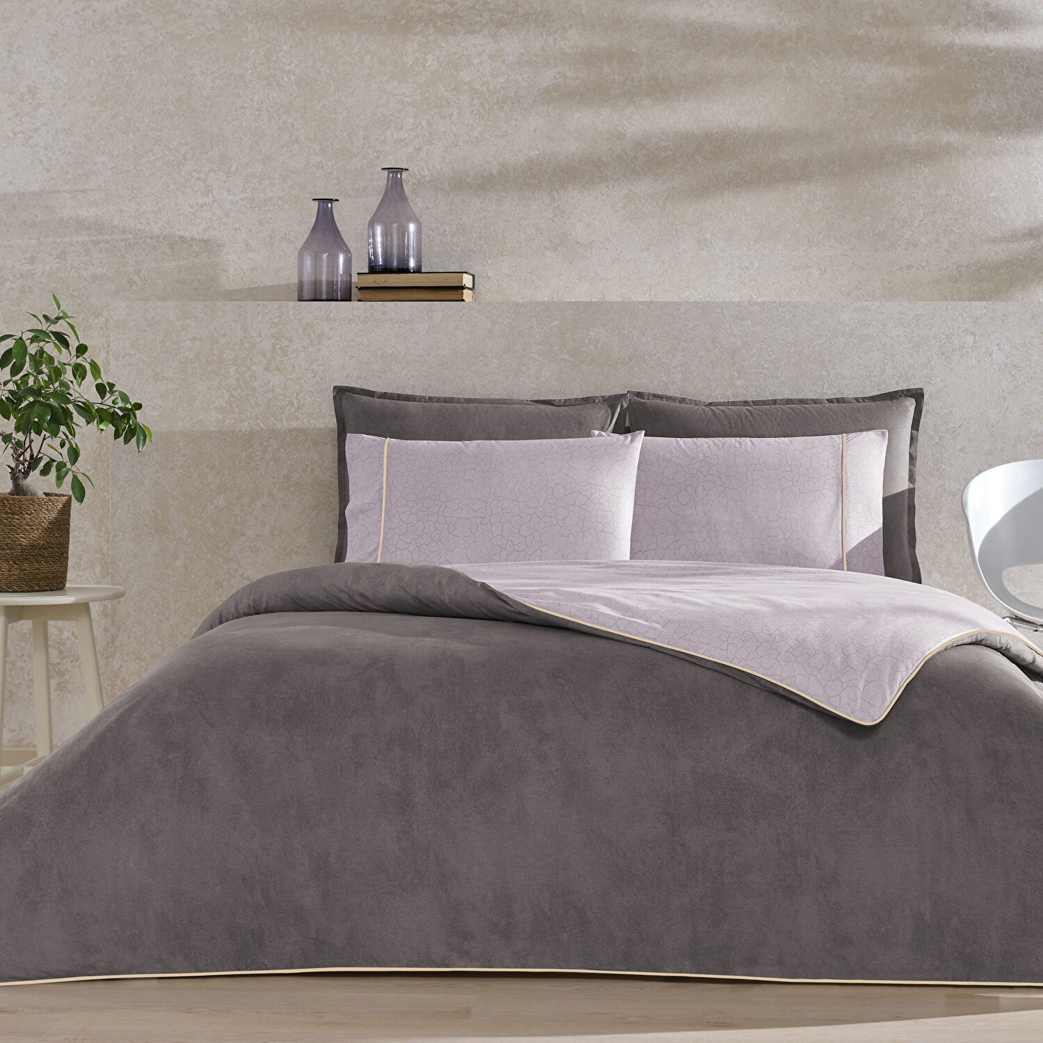 Taç Riven Biyeli Tek Kişilik Nevresim Takımı Gri