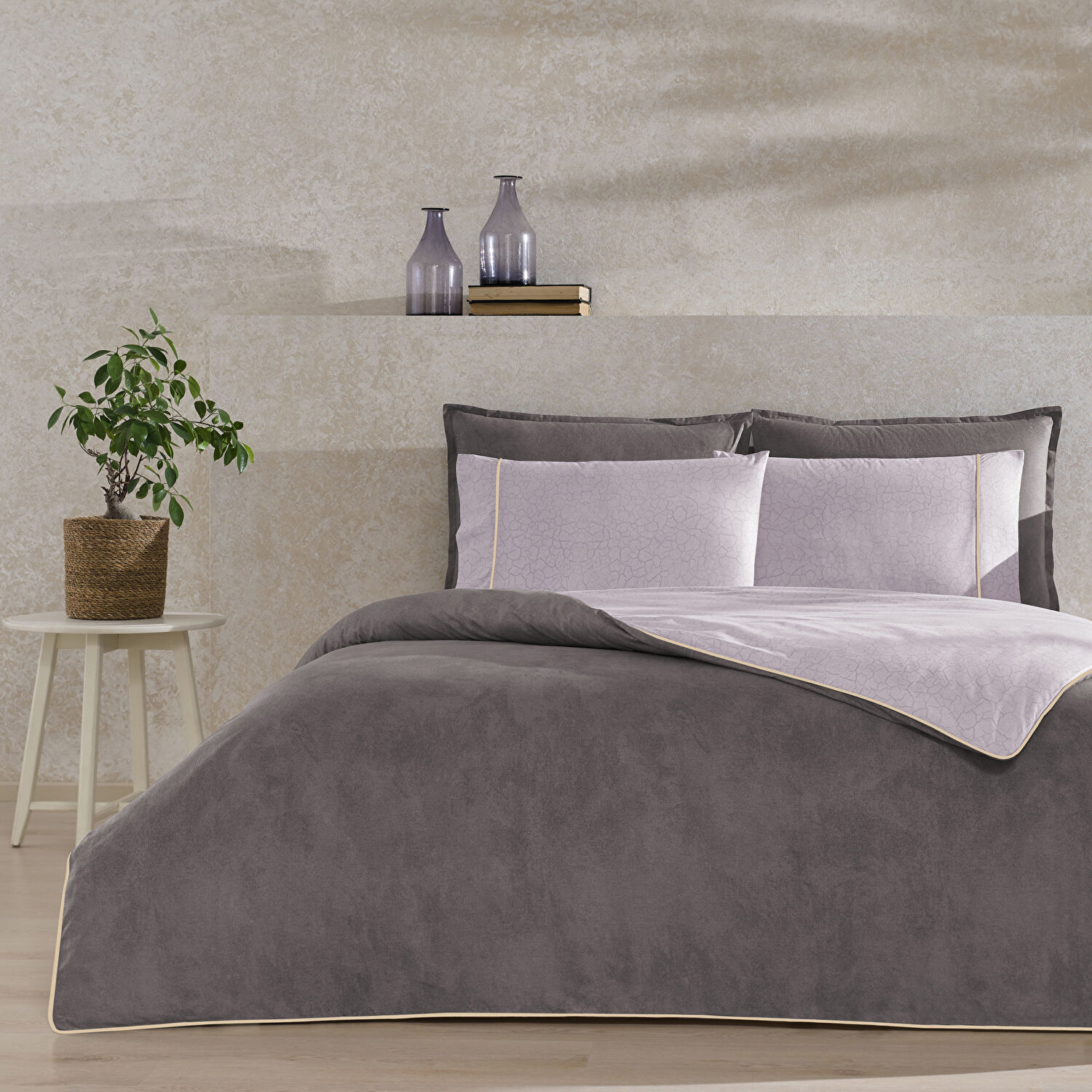 Taç Riven Biyeli Tek Kişilik Nevresim Takımı Gri