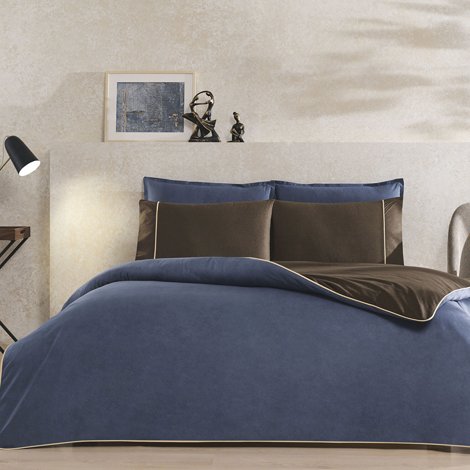 Taç Riven Biyeli Tek Kişilik Nevresim Takımı Lacivert