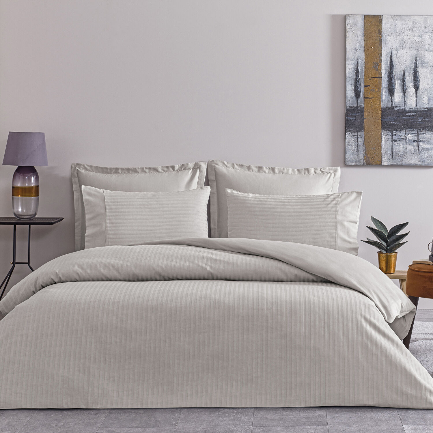 Taç Stripe Premium Basic Çift Kişilik Nevresim Takımı Gri