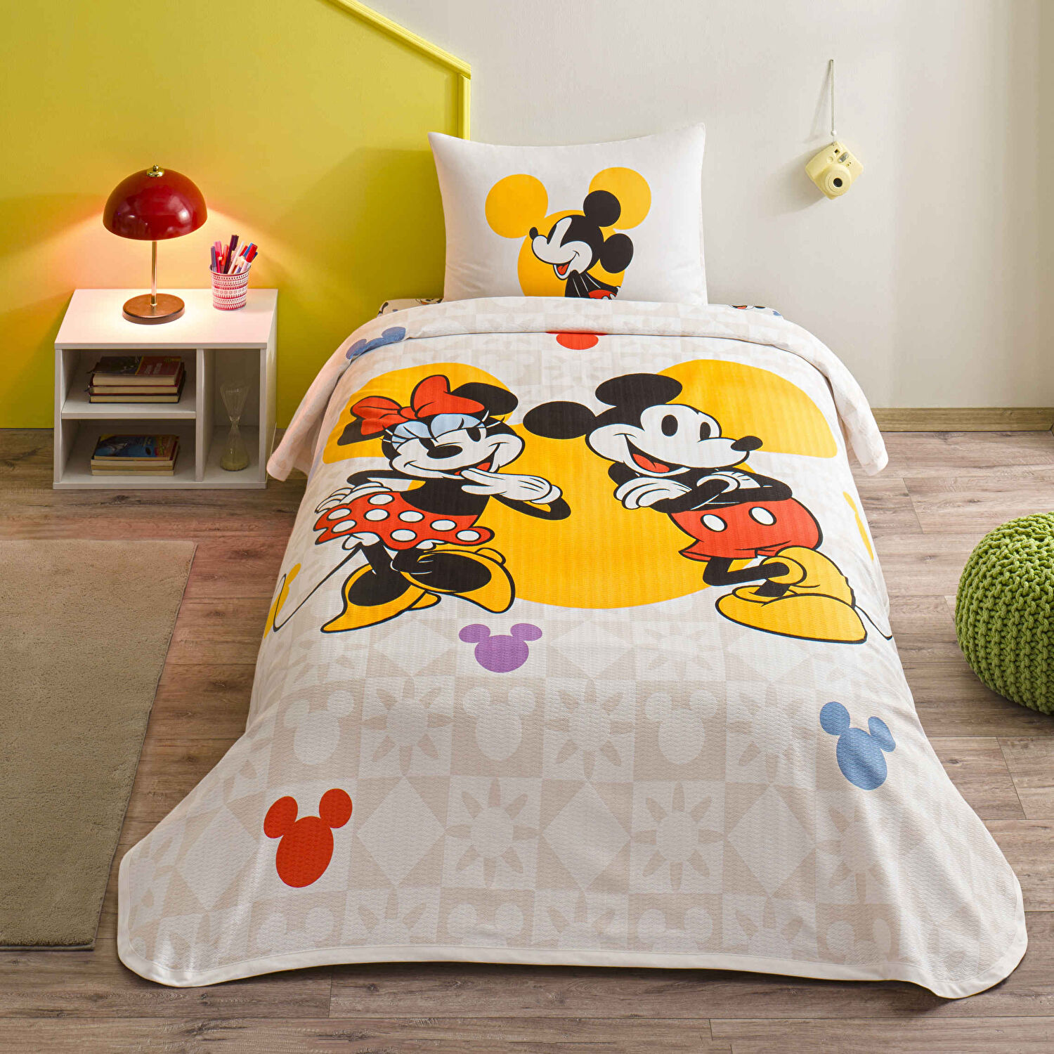 Taç Lisanslı Mickey Mouse Happy Tek Kişilik Pamuk Pike Takımı