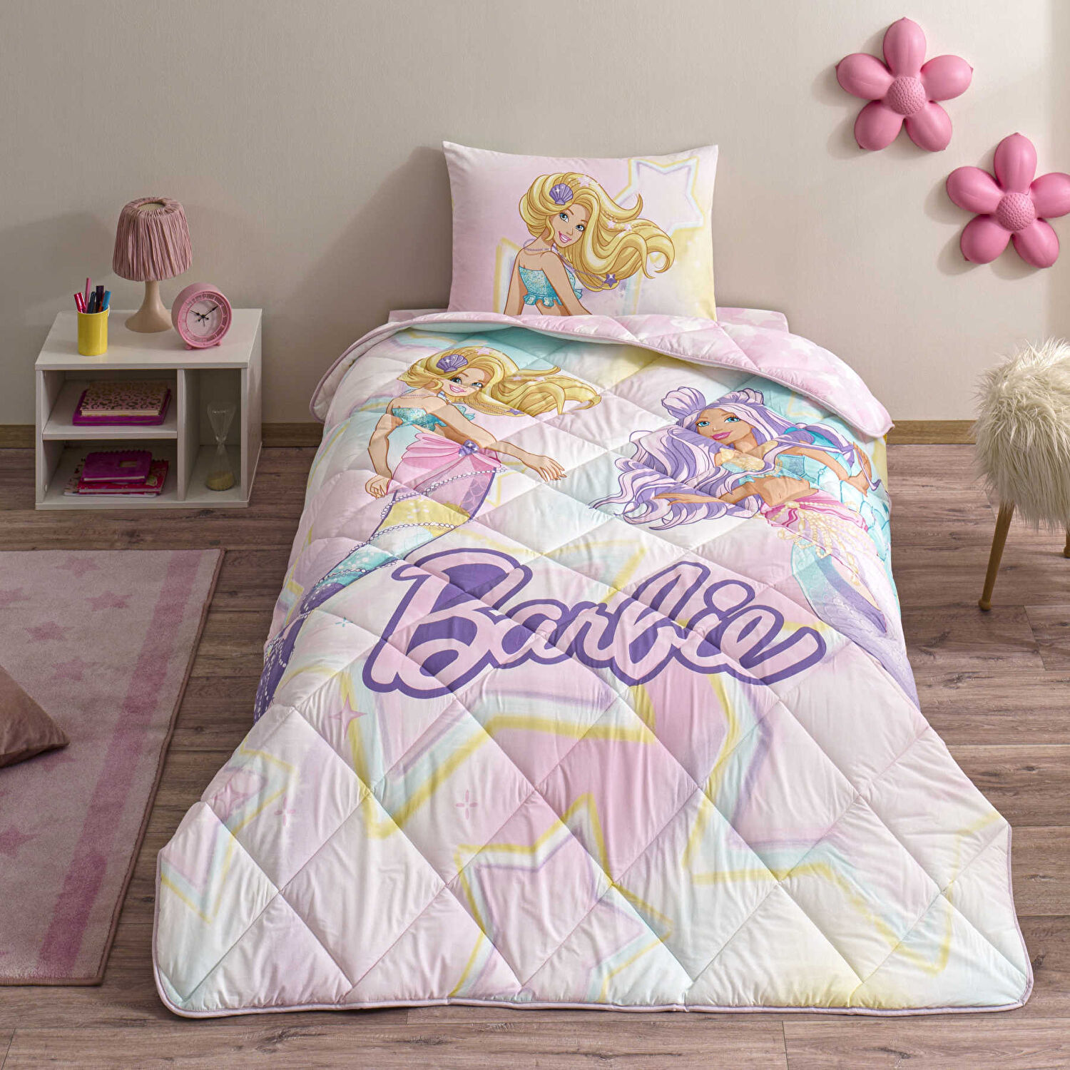 Taç Lisanslı Barbie Mermaid Tek Kişilik Pamuk Yorgan Seti
