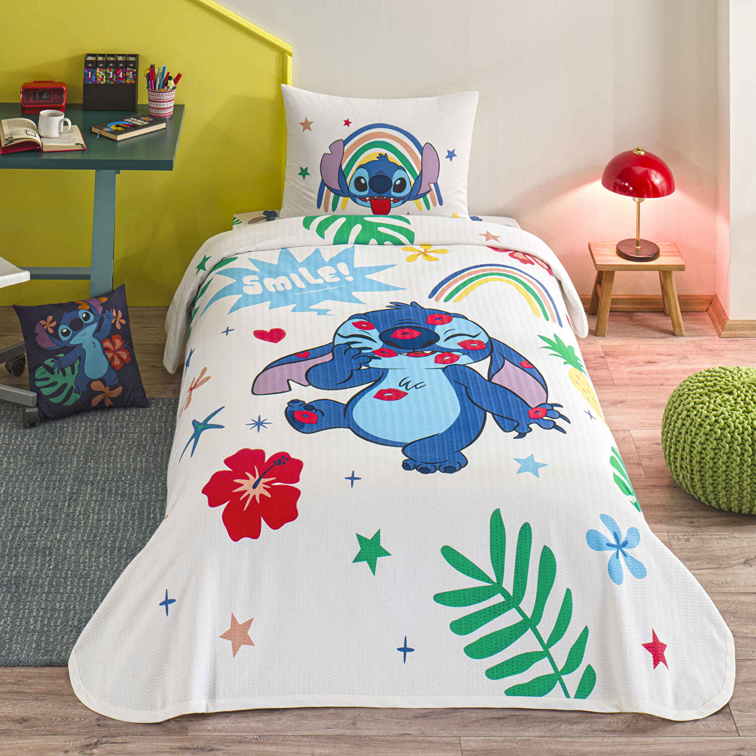 Taç Lisanslı Disney Stitch Tek Kişilik Pamuk Pike Takımı