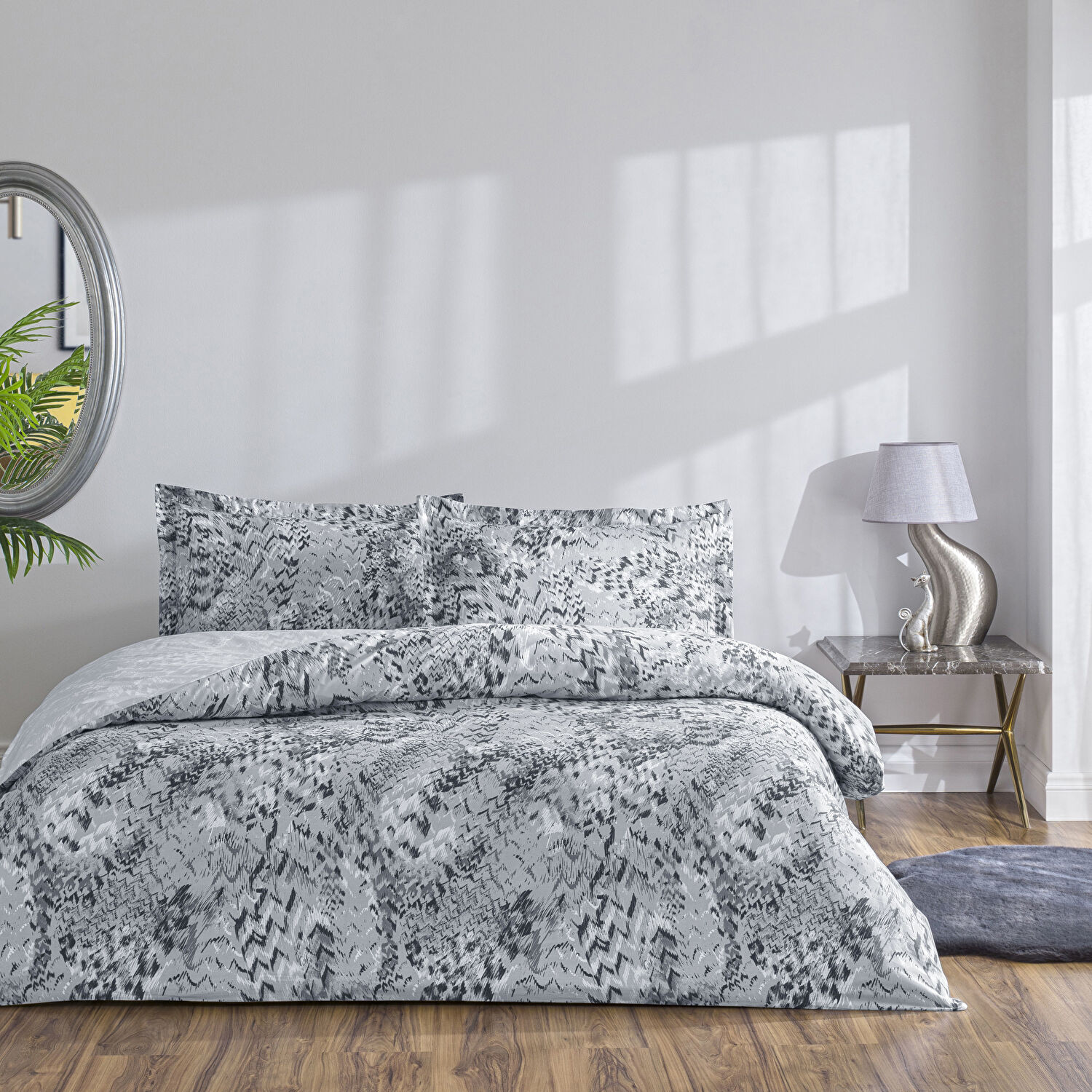 Taç Ornıva Saten Çift Kişilik Nevresim Takımı Gri