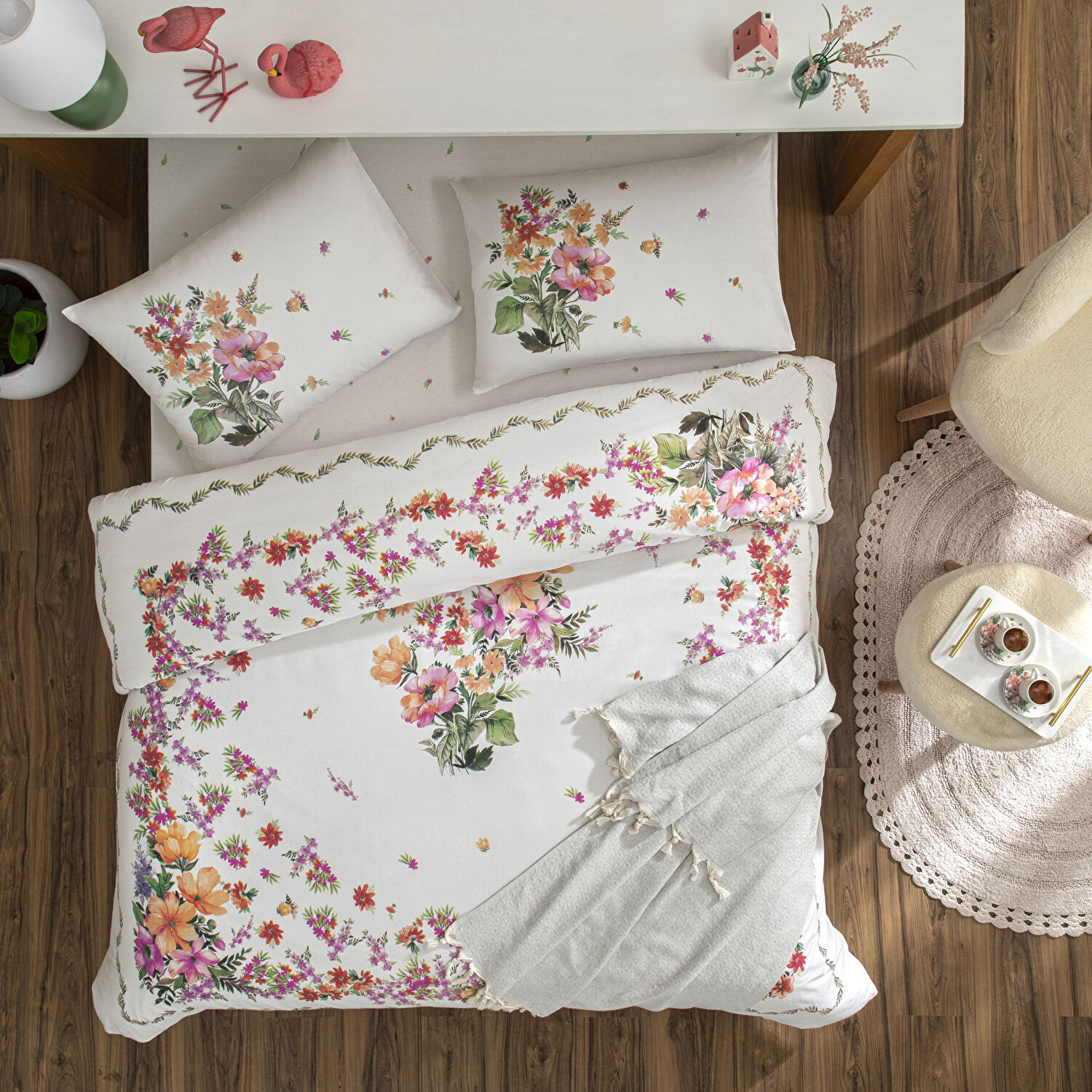 Taç Petunia Ranforce Çift Kişilik Throwlu Nevresim Takımı Pembe