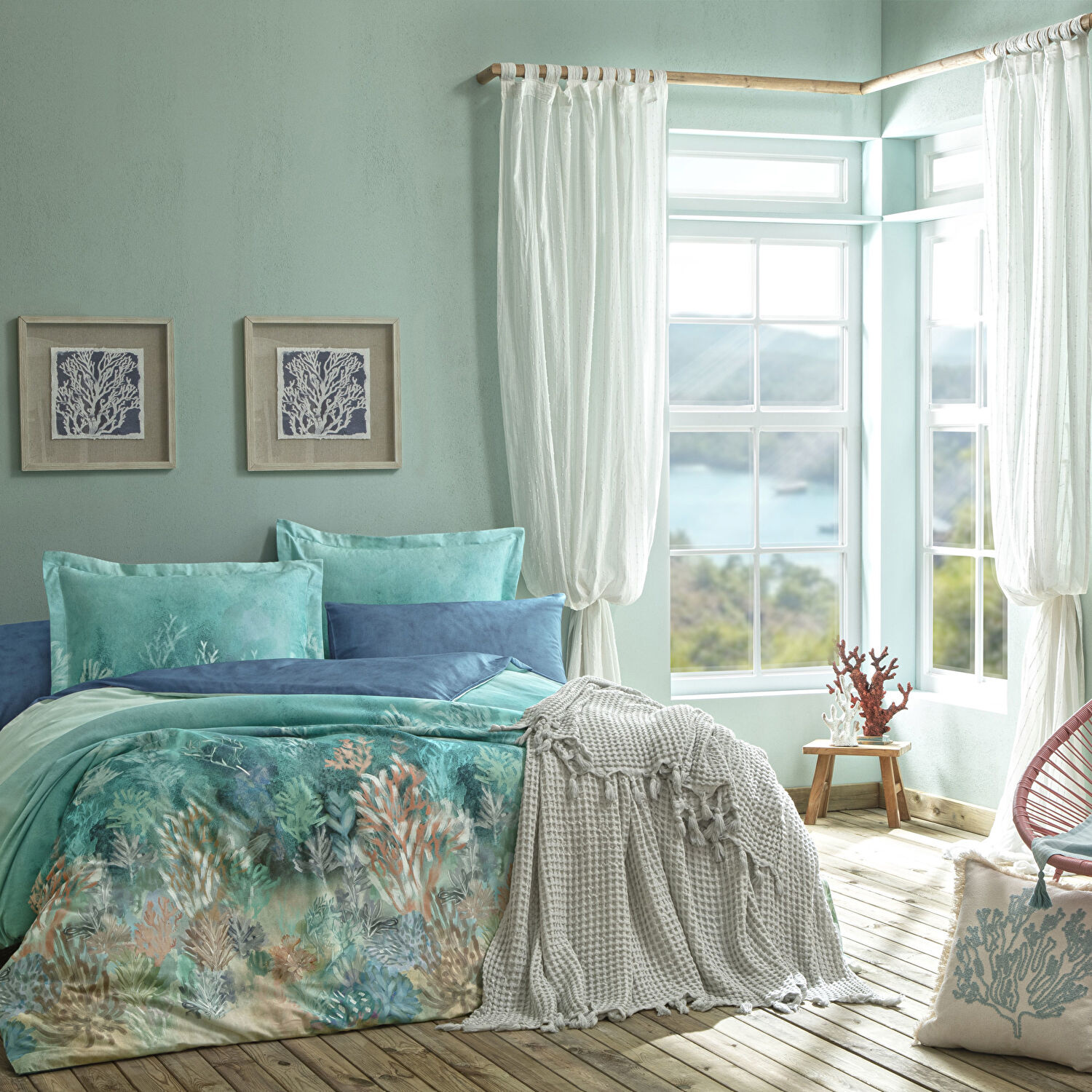 Taç Butik Marıs Pamuk Yastık Kılıfı Mavi