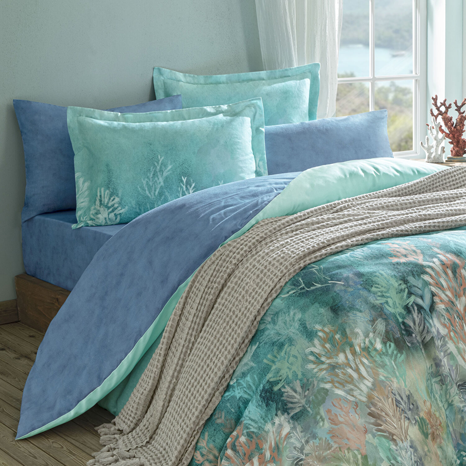 Taç Butik Marıs Pamuk Yastık Kılıfı Mavi