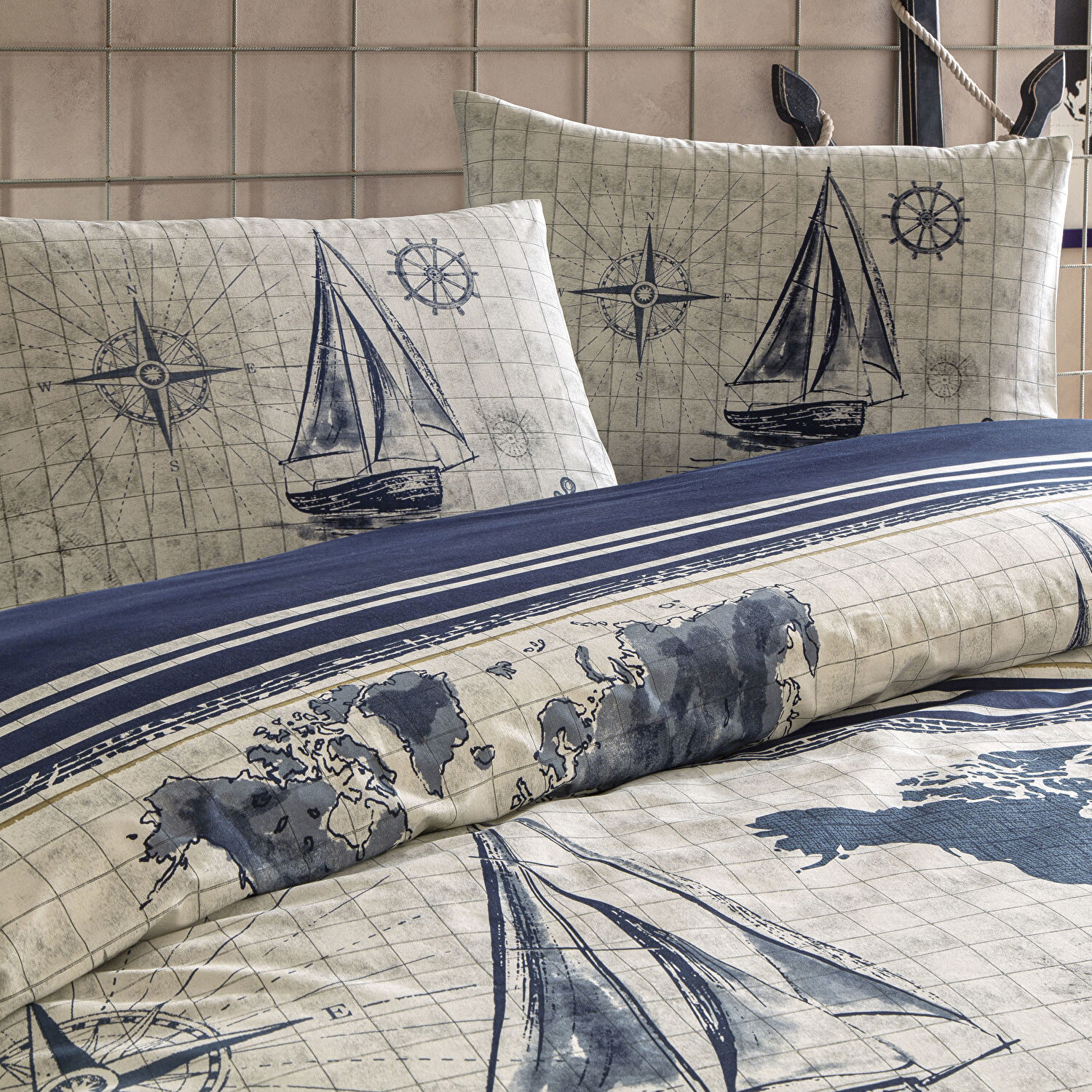 Taç Muna Ranforce Çift Kişilik Nevresim Takımı Lacivert