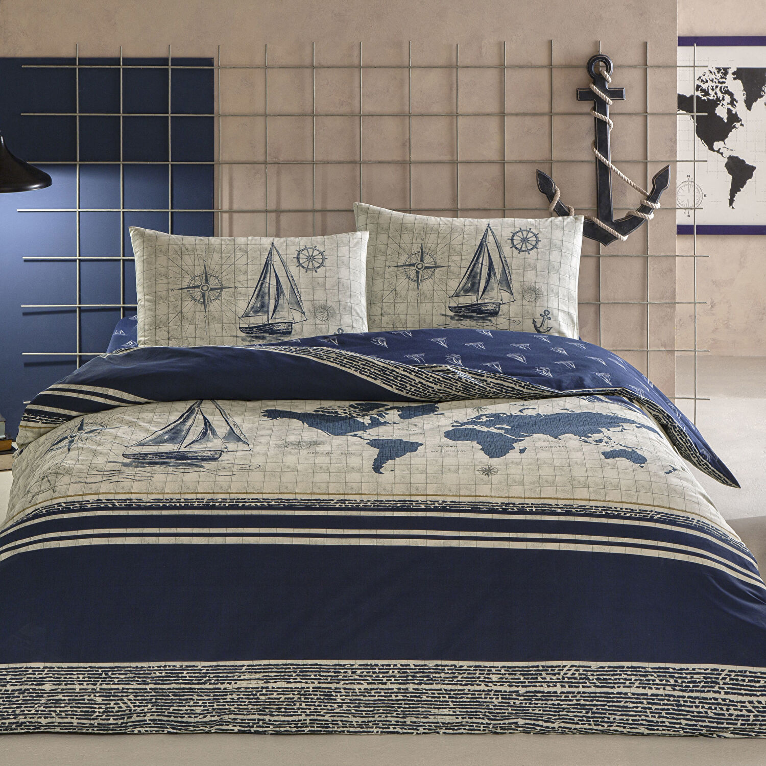 Taç Muna Ranforce Çift Kişilik Nevresim Takımı Lacivert