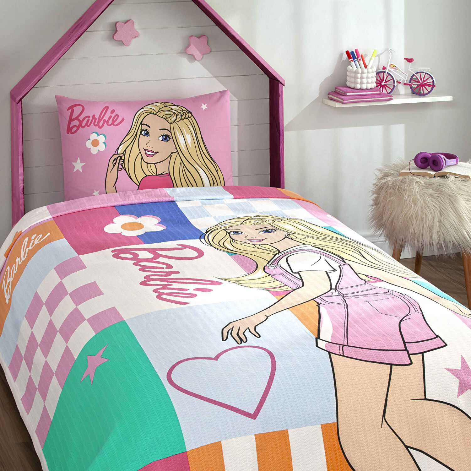 Taç Lisanslı Barbie Colourful Tek Kişilik Pamuk Pike Takımı