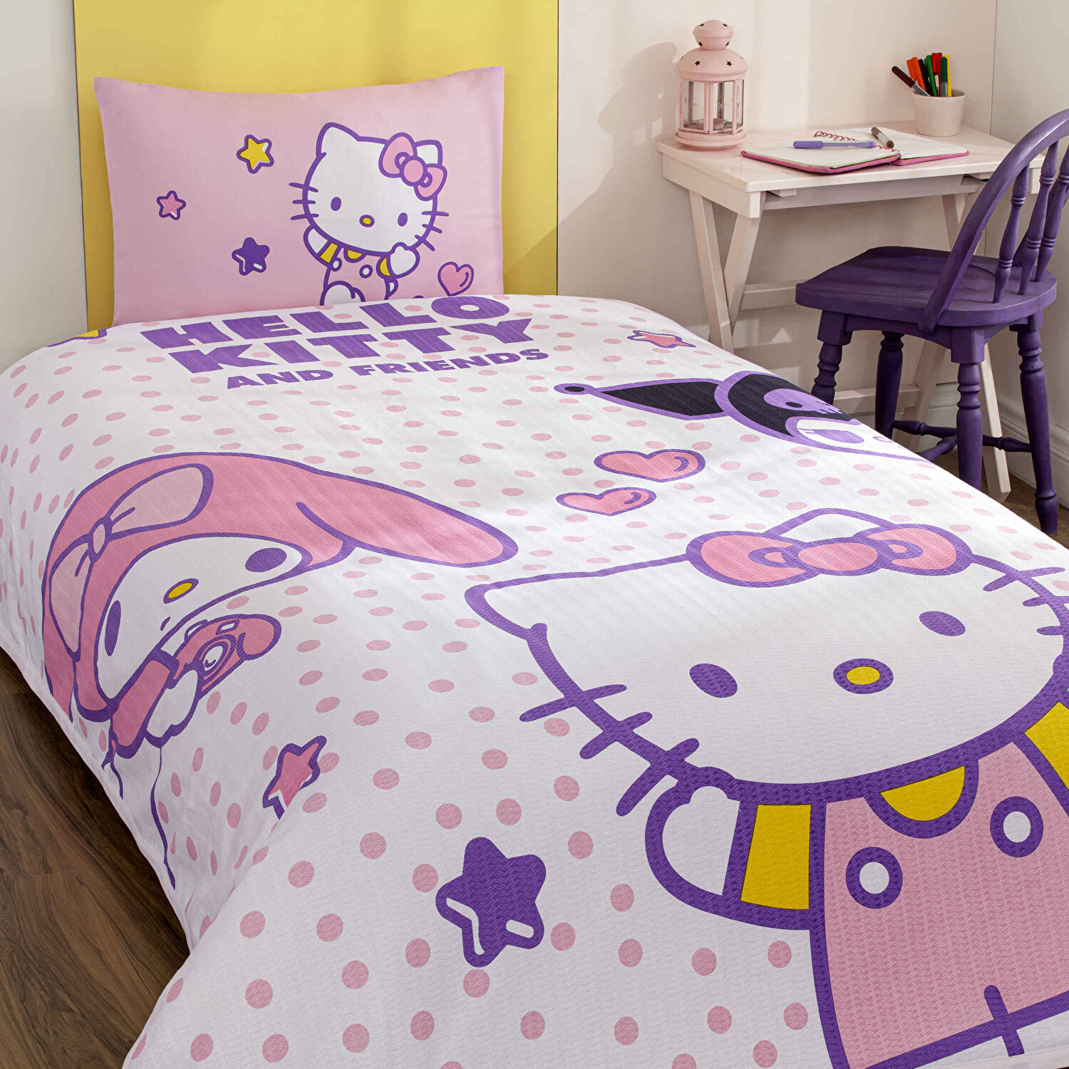 Taç Lisanslı Hello Kitty&Friends Tek Kişilik Pamuk Pike Takımı