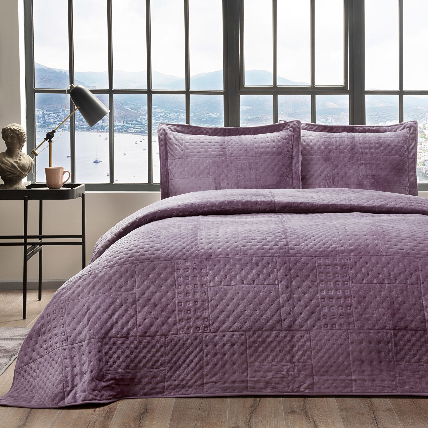 Taç Alvin Çift Kişilik Yatak Örtüsü Seti Mürdüm