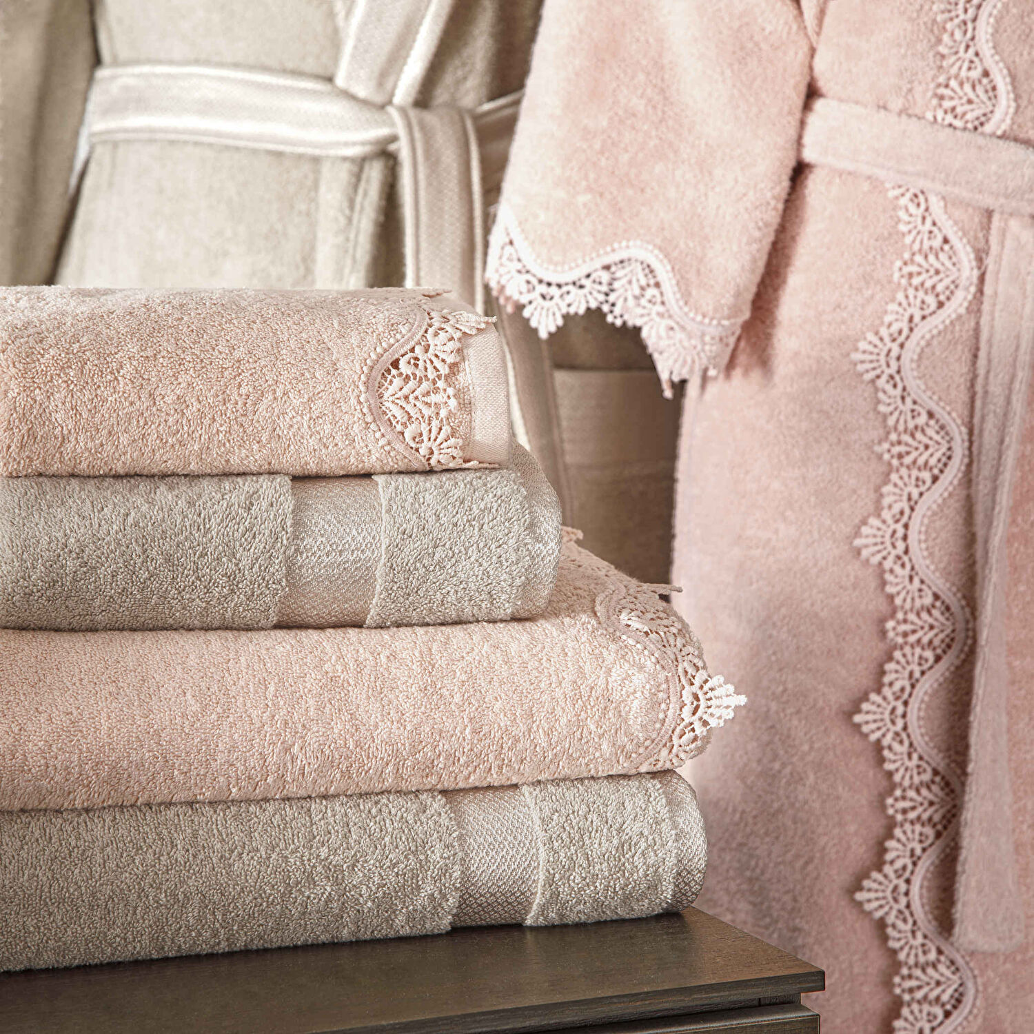 Taç Love Pamuk Aile Bornoz Seti Somon Cappucino