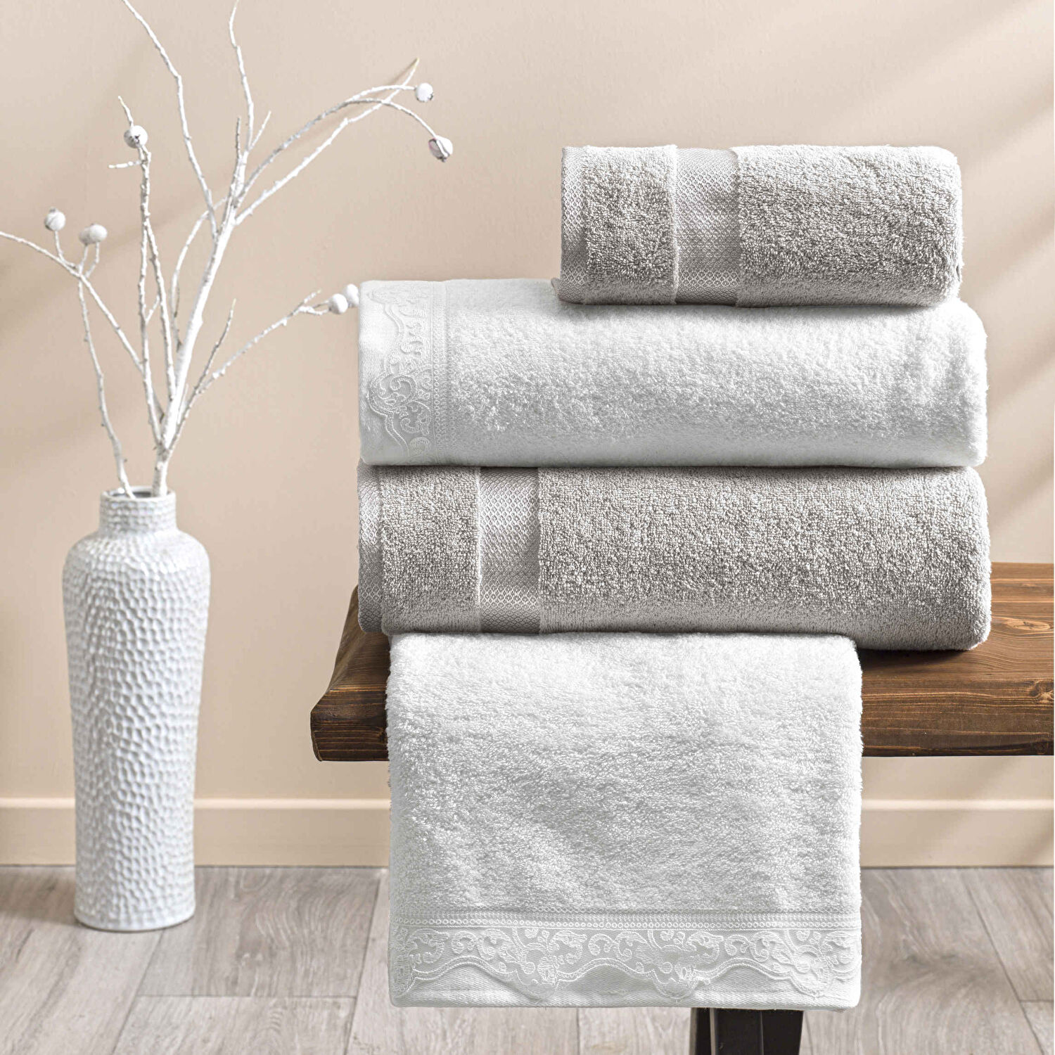 Taç Blanca Pamuk Aile Bornoz Seti Beyaz Vizon