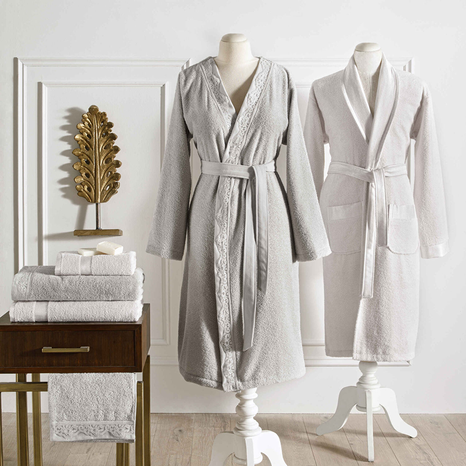 Taç Blanca Pamuk Aile Bornoz Seti Vizon Krem