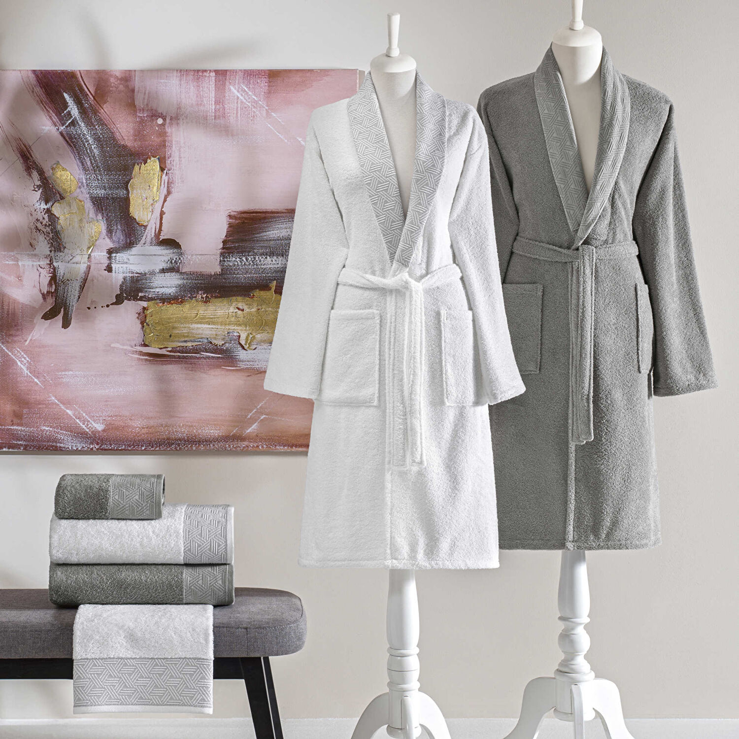 Taç Nora Pure Cotton Pamuk Aile Seti Beyaz Koyu Gri