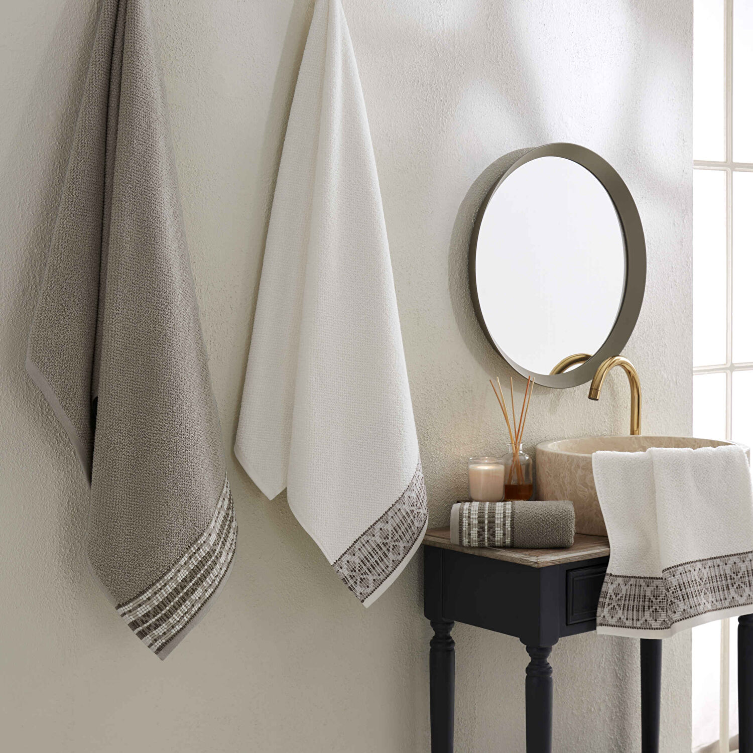 Taç Glossy Pure Cotton Pamuk Hamam Seti Ekru Toprak