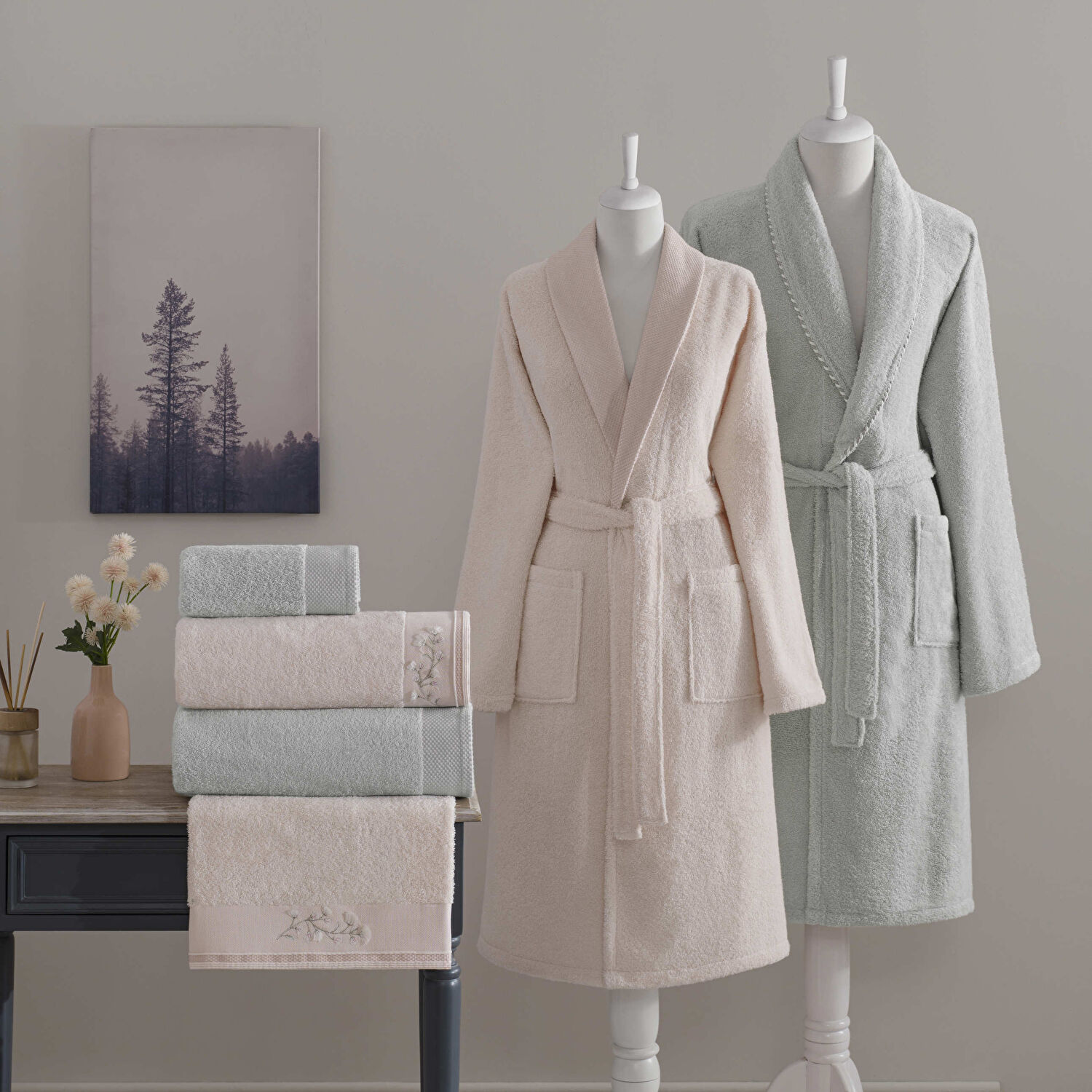 Taç Helena Pure Cotton Nakışlı Pamuk 6'lı Aile Seti Somon-Gri
