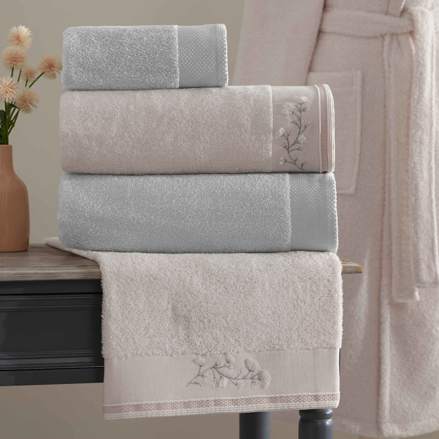 Taç Helena Pure Cotton Nakışlı Pamuk 6'lı Aile Seti Somon-Gri