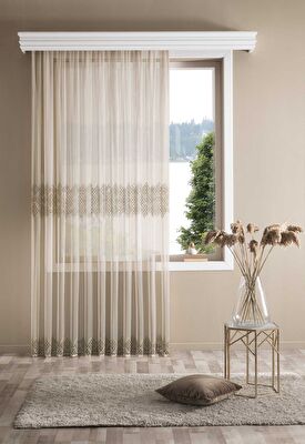 Taç Pellamı Brode Tül Perde Bej ( Max Yükseklik : 270 cm )
