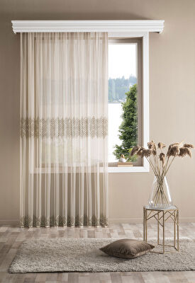 Taç Pellamı Brode Tül Perde Bej ( Max Yükseklik : 270 cm )