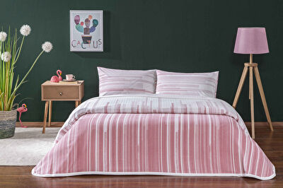 Taç Baskılı Grid Çift Kişilik Pike Takımı Pembe