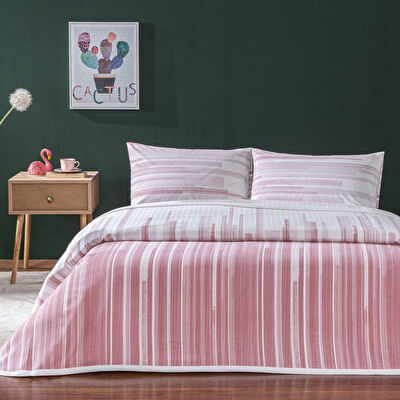 Taç Baskılı Grid Çift Kişilik Pike Takımı Pembe