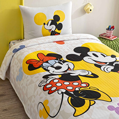 Taç Lisanslı Mickey Mouse Happy Tek Kişilik Pamuk Pike Takımı