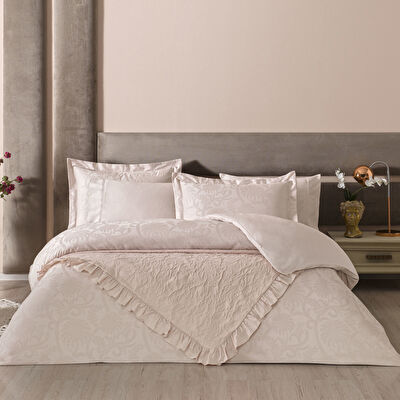 Taç Odette Yatak Örtülü Çift Kişilik Nevresim Seti Pudra