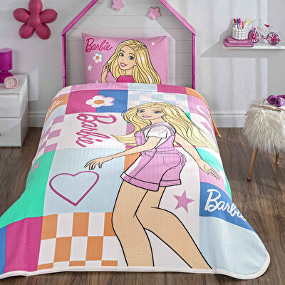 Taç Lisanslı Barbie Colourful Tek Kişilik Pamuk Pike Takımı