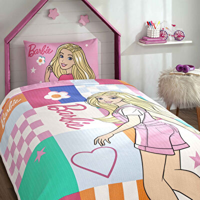 Taç Lisanslı Barbie Colourful Tek Kişilik Pamuk Pike Takımı