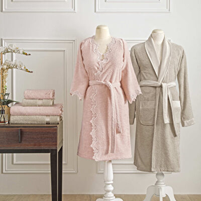 Taç Love Pamuk Aile Bornoz Seti Somon Cappucino