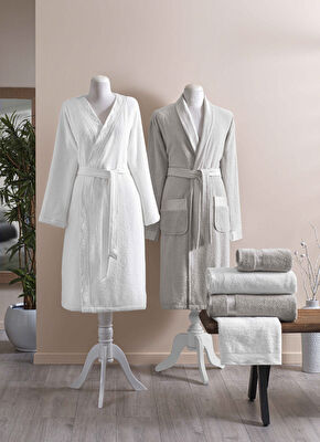 Taç Blanca Pamuk Aile Bornoz Seti Beyaz Vizon