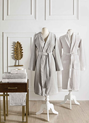 Taç Blanca Pamuk Aile Bornoz Seti Vizon Krem