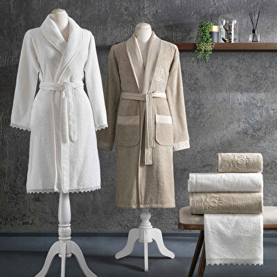 Taç Sambre Pamuk Aile Bornoz Seti Beyaz Cappucino