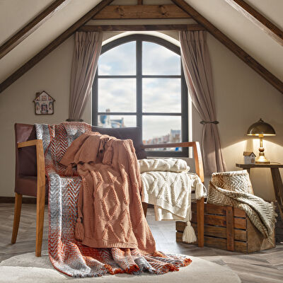 Taç Butik Brüj Pamuklu Çift Kişilik Battaniye Bej