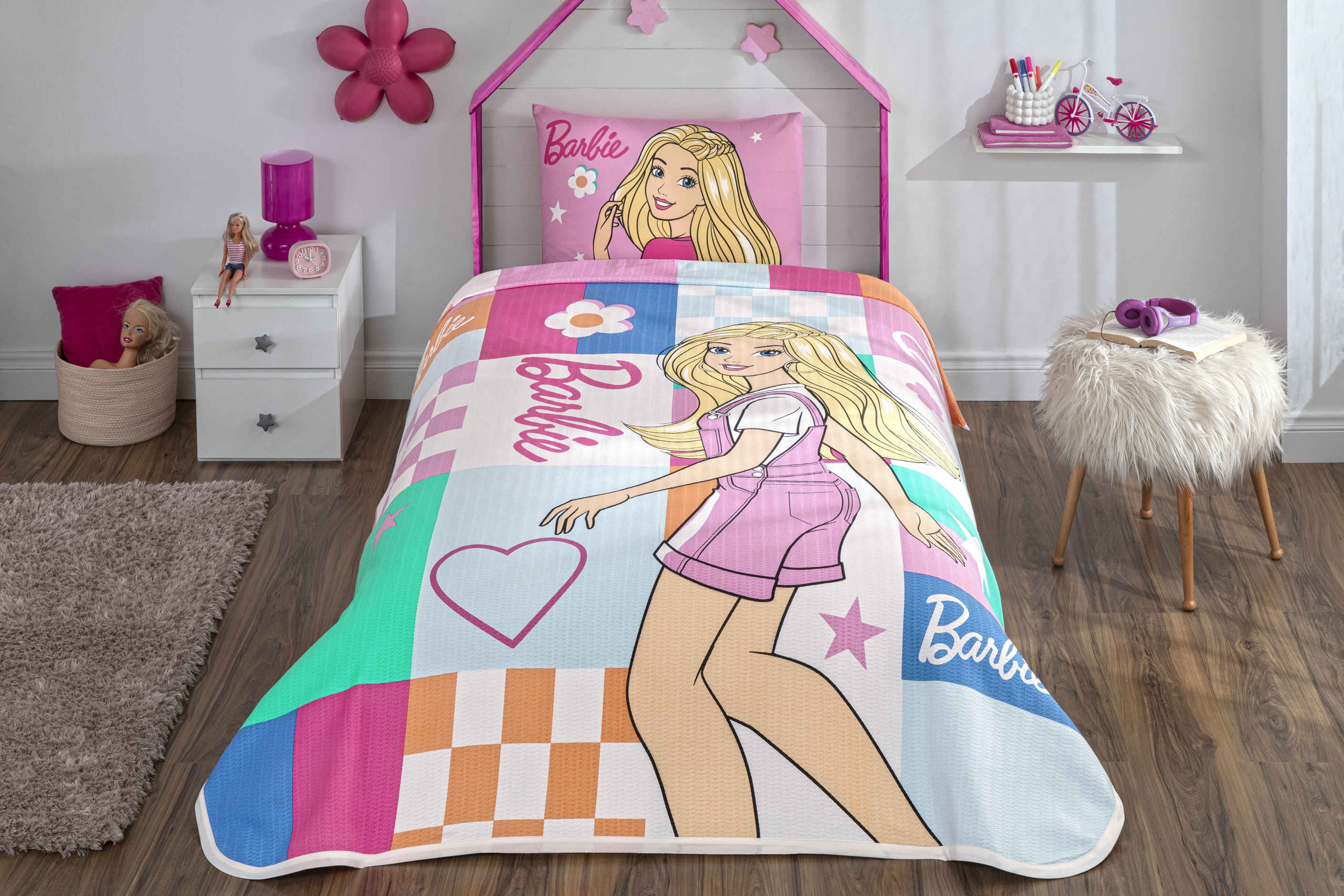 Taç Lisanslı Barbie Colourful Pamuk Tek Kişilik Pike Takımı | Taç
