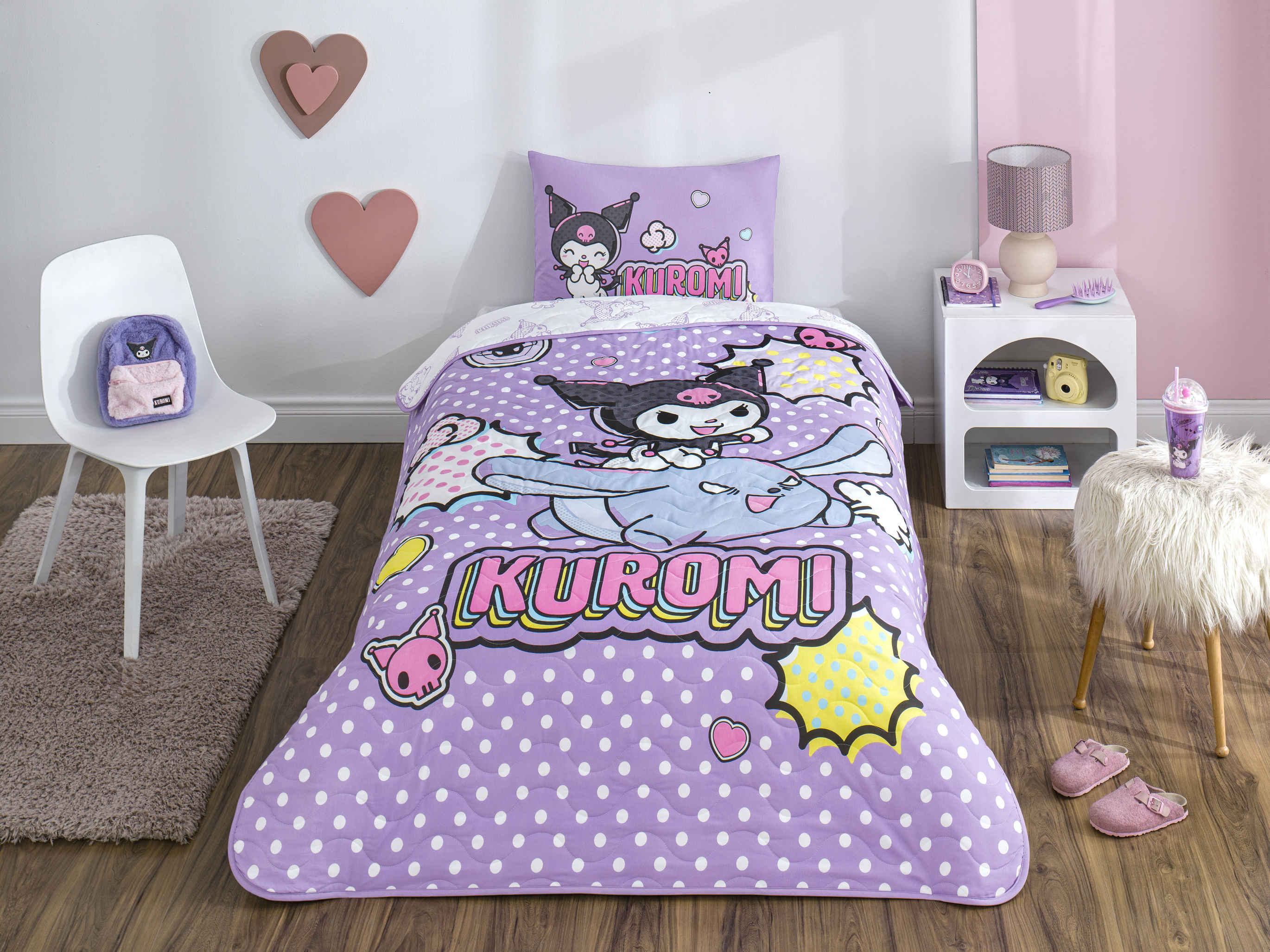 たまみ　0916 Lisanslı Kuromi Smile Tek Kişilik Yatak Örtüsü Seti | Taç